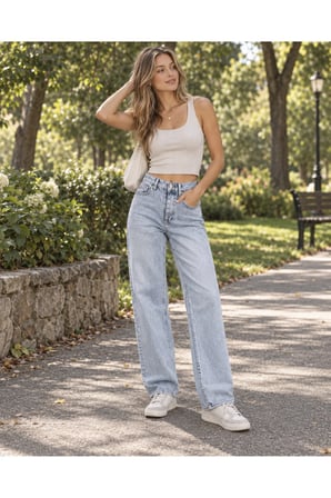 Kadın Baggy Kot Pantolon Bol Kesim 5 Cepli Pamuklu Denim