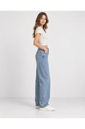 Kadın Baggy Kot Pantolon Bol Kesim 5 Cepli Pamuklu Denim