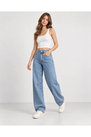 Kadın Baggy Kot Pantolon Bol Kesim 5 Cepli Pamuklu Denim