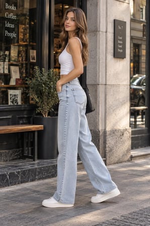 Kadın Baggy Kot Pantolon Bol Kesim 5 Cepli Pamuklu Denim