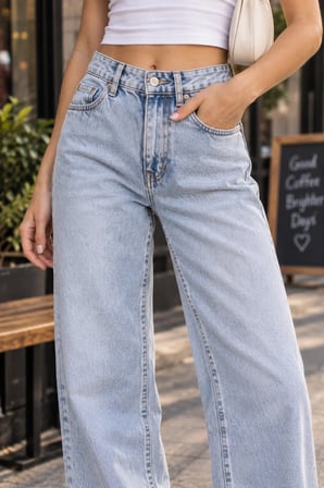 Kadın Baggy Kot Pantolon Bol Kesim 5 Cepli Pamuklu Denim