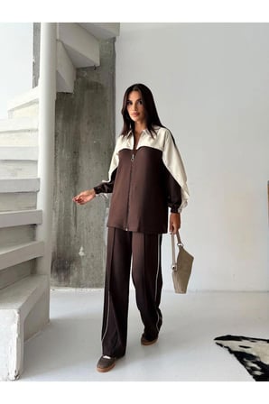 Kadın Renk Bloklu Fermuarlı Sweatshirt ve Bol Paça Pantolon İkili Takım