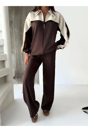 Kadın Renk Bloklu Fermuarlı Sweatshirt ve Bol Paça Pantolon İkili Takım