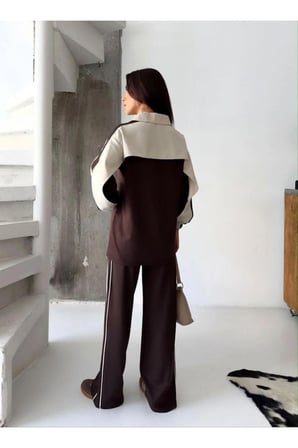 Kadın Renk Bloklu Fermuarlı Sweatshirt ve Bol Paça Pantolon İkili Takım