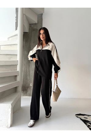 Kadın Renk Bloklu Fermuarlı Sweatshirt ve Bol Paça Pantolon İkili Takım