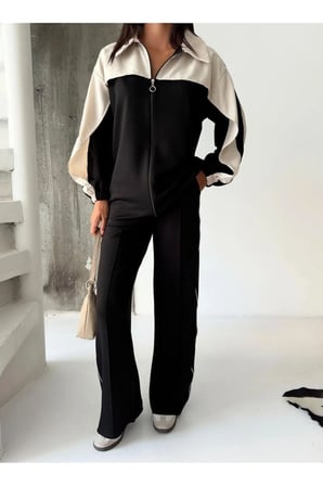 Kadın Renk Bloklu Fermuarlı Sweatshirt ve Bol Paça Pantolon İkili Takım