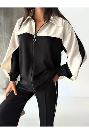 Kadın Renk Bloklu Fermuarlı Sweatshirt ve Bol Paça Pantolon İkili Takım