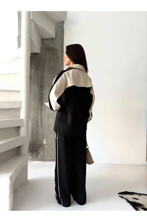 Kadın Renk Bloklu Fermuarlı Sweatshirt ve Bol Paça Pantolon İkili Takım