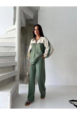 Kadın Renk Bloklu Fermuarlı Sweatshirt ve Bol Paça Pantolon İkili Takım