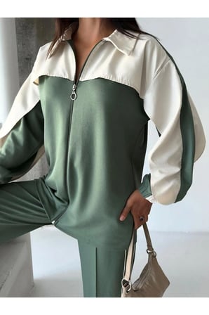Kadın Renk Bloklu Fermuarlı Sweatshirt ve Bol Paça Pantolon İkili Takım