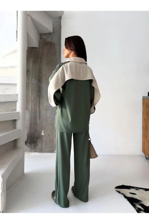 Kadın Renk Bloklu Fermuarlı Sweatshirt ve Bol Paça Pantolon İkili Takım