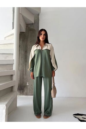 Kadın Renk Bloklu Fermuarlı Sweatshirt ve Bol Paça Pantolon İkili Takım