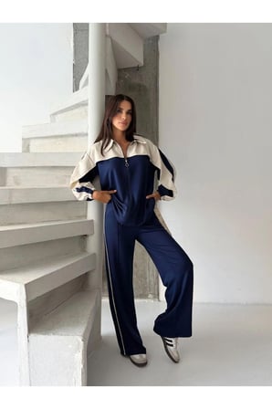 Kadın Renk Bloklu Fermuarlı Sweatshirt ve Bol Paça Pantolon İkili Takım