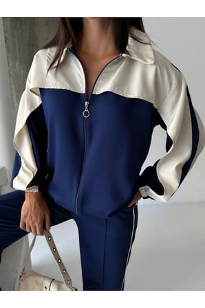 Kadın Renk Bloklu Fermuarlı Sweatshirt ve Bol Paça Pantolon İkili Takım