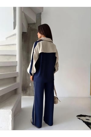 Kadın Renk Bloklu Fermuarlı Sweatshirt ve Bol Paça Pantolon İkili Takım
