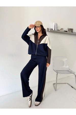 Kadın Renk Bloklu Fermuarlı Sweatshirt ve Bol Paça Pantolon İkili Takım