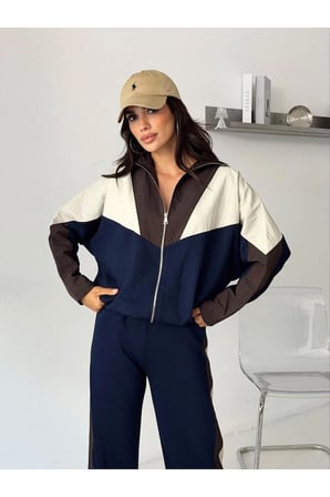Kadın Renk Bloklu Fermuarlı Sweatshirt ve Bol Paça Pantolon İkili Takım