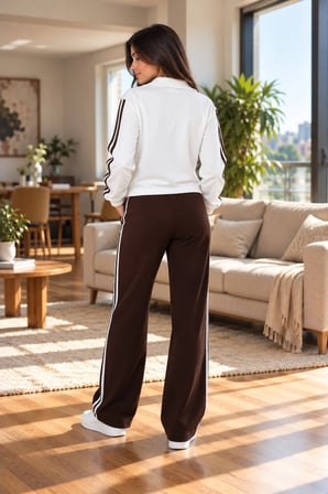 Kadın Renk Kontrastlı Şeritli Fermuarlı Ceket ve Bol Paça Pantolon İkili Takım