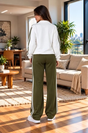 Kadın Renk Kontrastlı Şeritli Fermuarlı Ceket ve Bol Paça Pantolon İkili Takım