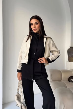 Kadın Kapüşonlu Uzun Ceket Crop Ceket ve Şeritli Bol Paça Pantolon 3'lü Takım