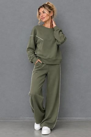 Kadın Bisiklet Yaka Biyeli Sweatshirt ve Bol Paça Eşofman Altı İkili Takım