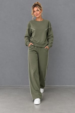 Kadın Bisiklet Yaka Biyeli Sweatshirt ve Bol Paça Eşofman Altı İkili Takım