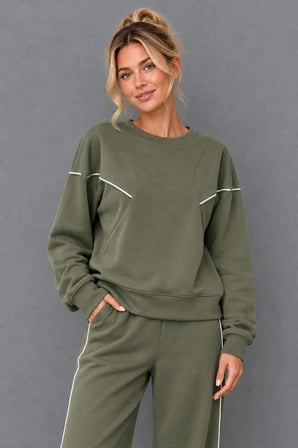 Kadın Bisiklet Yaka Biyeli Sweatshirt ve Bol Paça Eşofman Altı İkili Takım