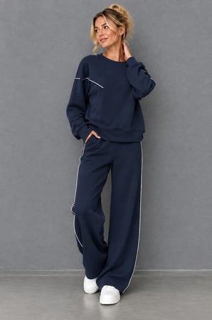 Kadın Bisiklet Yaka Biyeli Sweatshirt ve Bol Paça Eşofman Altı İkili Takım