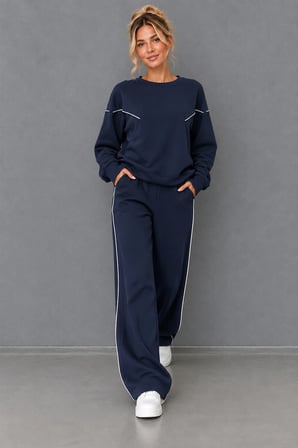 Kadın Bisiklet Yaka Biyeli Sweatshirt ve Bol Paça Eşofman Altı İkili Takım