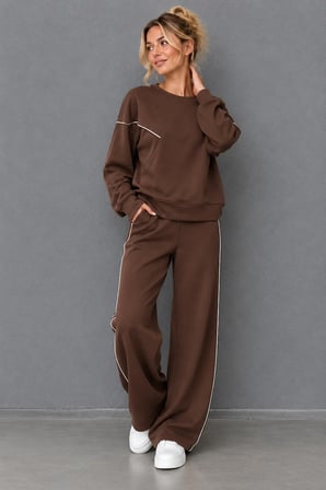 Kadın Bisiklet Yaka Biyeli Sweatshirt ve Bol Paça Eşofman Altı İkili Takım