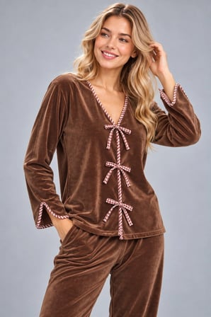 Kadın Kahve Soft Kadife V Yaka Bağcıklı Fiyonklu Uzun Kollu Pijama Takımı