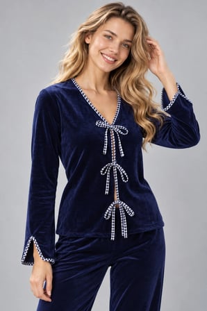 Kadın Lacivert Soft Kadife V Yaka Bağcıklı Fiyonklu Uzun Kollu Pijama Takımı