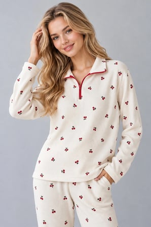 Kadın Krem Waffle Kiraz Desenli Yarım Fermuarlı Dik Yaka Uzun Kollu Pijama Takımı