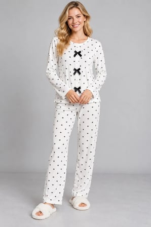 Kadın Beyaz Waffle Siyah Fiyonklu Desenli Önü Patlı Düğmeli Uzun Kollu Pijama Takımı
