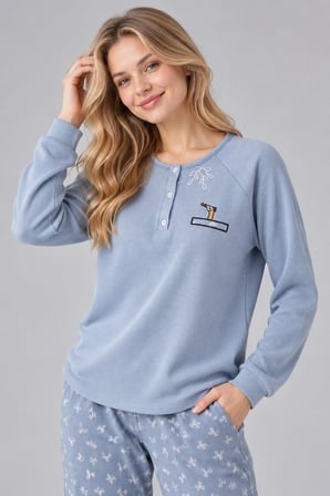 Kadın Mavi Waffle Patlı Reglan Kollu Nakış Detaylı Düğmeli Uzun Kollu Pijama Takımı