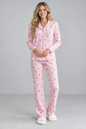 Kadın Pembe Waffle Çilek Desenli Gömlek Yaka İnci Düğmeli Uzun Kollu Pijama Takımı