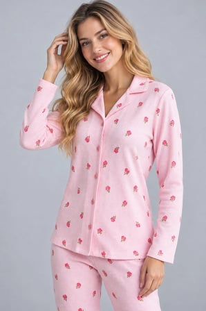 Kadın Pembe Waffle Çilek Desenli Gömlek Yaka İnci Düğmeli Uzun Kollu Pijama Takımı