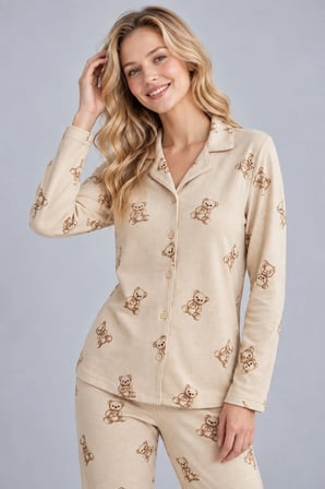 Kadın Bej Waffle Ayıcık Desenli Gömlek Yaka İnci Düğmeli Uzun Kollu Pijama Takımı