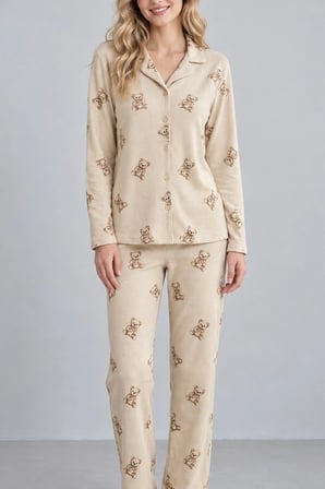 Kadın Bej Waffle Ayıcık Desenli Gömlek Yaka İnci Düğmeli Uzun Kollu Pijama Takımı