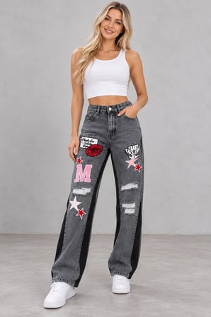 Kadın Yüksek Bel Wide Leg Yırtık Detaylı Nakışlı Yamalı Bol Paça Jean Pantolon