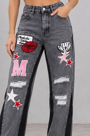 Kadın Yüksek Bel Wide Leg Yırtık Detaylı Nakışlı Yamalı Bol Paça Jean Pantolon