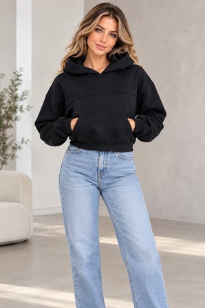 Kadın 3 İplik Şardonlu Kapüşonlu Kanguru Cepli Crop Sweatshirt