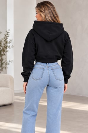 Kadın 3 İplik Şardonlu Kapüşonlu Kanguru Cepli Crop Sweatshirt
