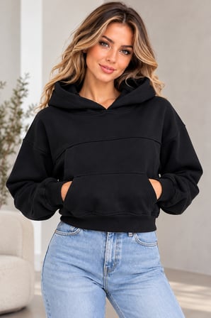 Kadın 3 İplik Şardonlu Kapüşonlu Kanguru Cepli Crop Sweatshirt