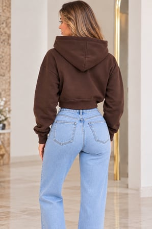 Kadın 3 İplik Şardonlu Kapüşonlu Kanguru Cepli Crop Sweatshirt