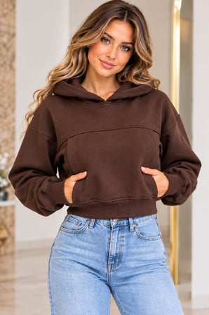 Kadın 3 İplik Şardonlu Kapüşonlu Kanguru Cepli Crop Sweatshirt