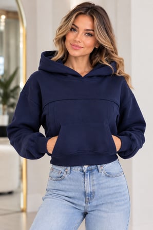 Kadın 3 İplik Şardonlu Kapüşonlu Kanguru Cepli Crop Sweatshirt
