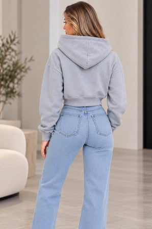 Kadın 3 İplik Şardonlu Kapüşonlu Kanguru Cepli Crop Sweatshirt