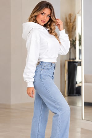 Kadın 3 İplik Şardonlu Kapüşonlu Kanguru Cepli Crop Sweatshirt