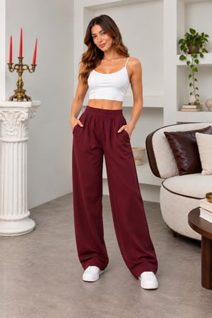 Kadın Beli Lastikli Geniş Paça Baggy Eşofman Altı Cepli